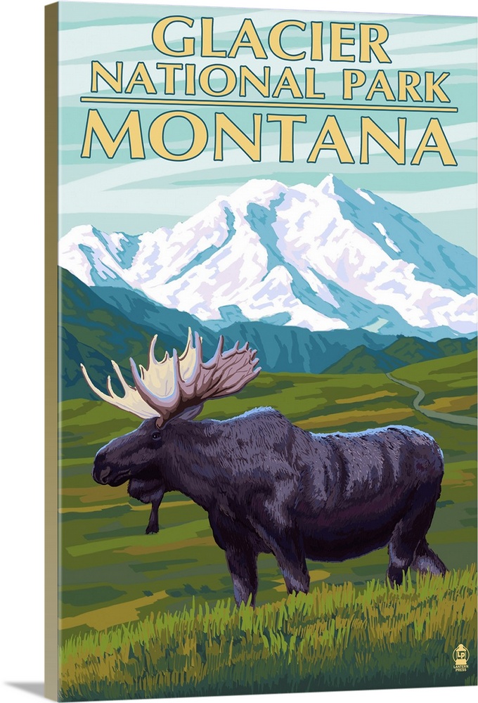 Glacier National Park, Montana - Moose and Mountain: Retro Travel Poster