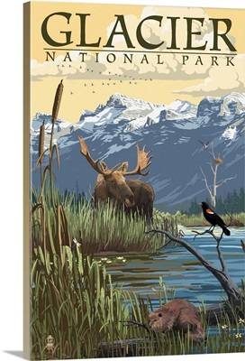 Glacier National Park, Moose Hiding: Retro Travel Poster