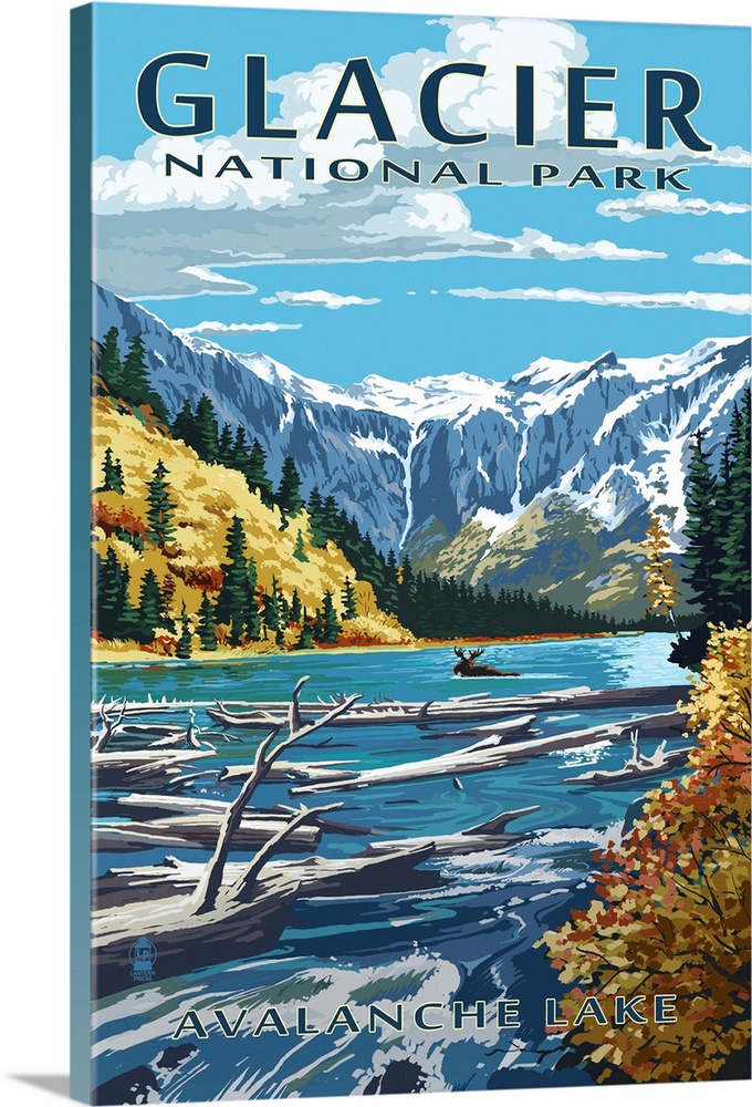 Glacier National Park, Moose Swimming: Retro Travel Poster