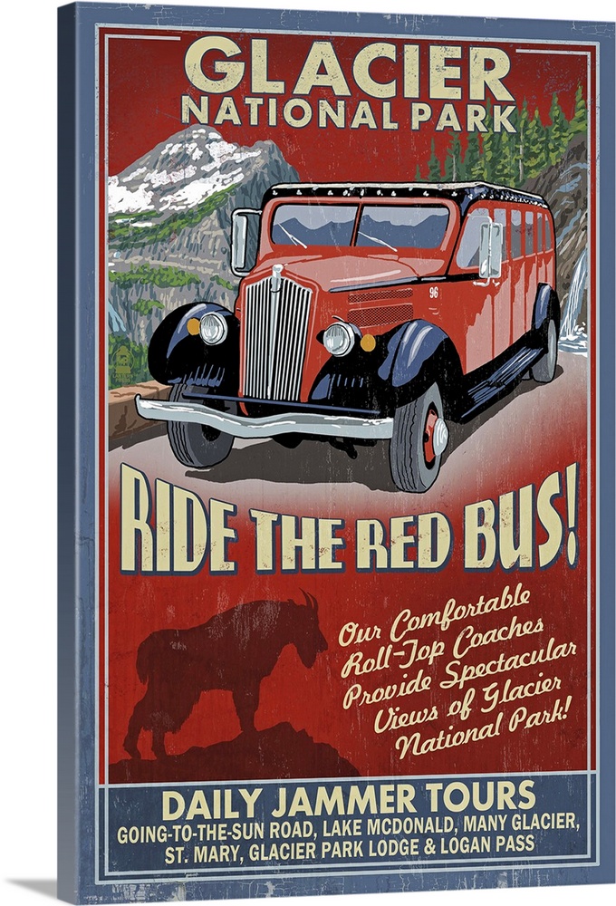 Retro stylized art poster of a vintage sign with a red mountain touring bus.
