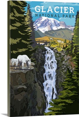 Glacier National Park, Sheep: Retro Travel Poster