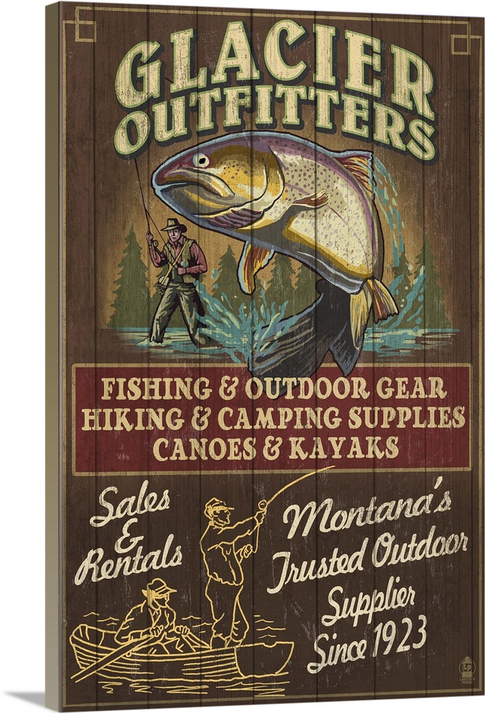 Glacier National Park - Trout Outfitters Vintage Sign: Retro Travel Poster