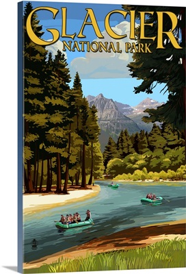Glacier National Park, Wild Water Rafting: Retro Travel Poster