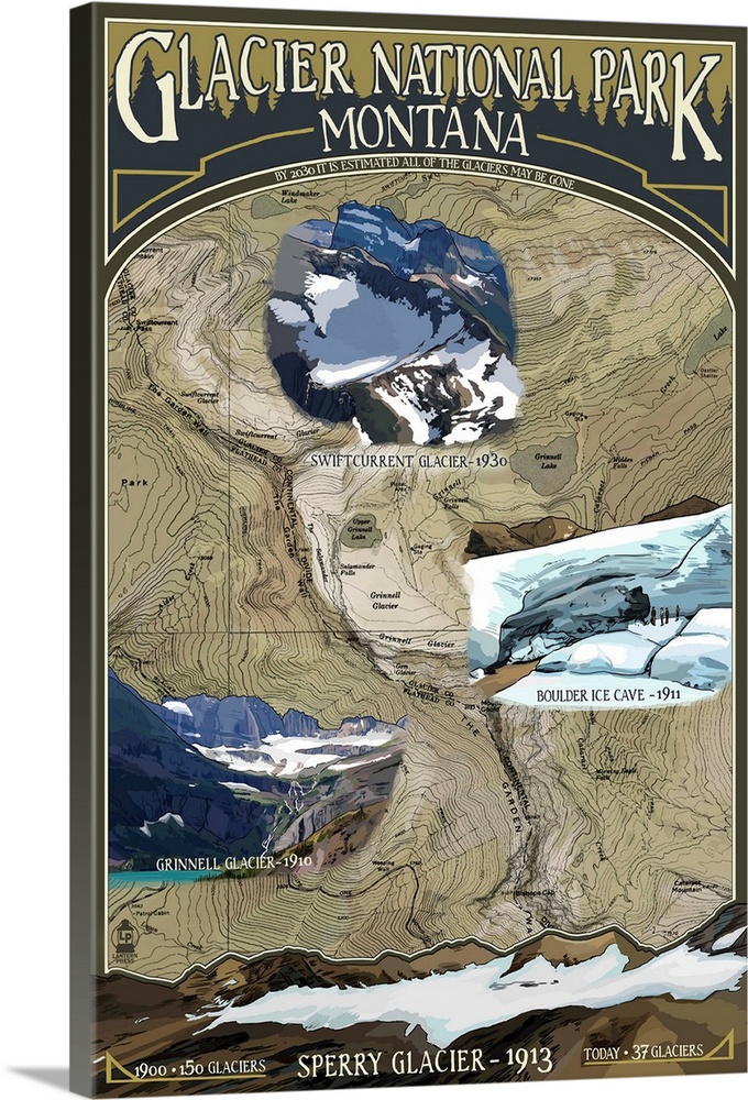 Glacier Scenes Topographical Map - Glacier National Park, Montana: Retro Travel Poster