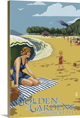 Golden Gardens Beach Scene - Ballard, Seattle, WA: Retro Travel Poster