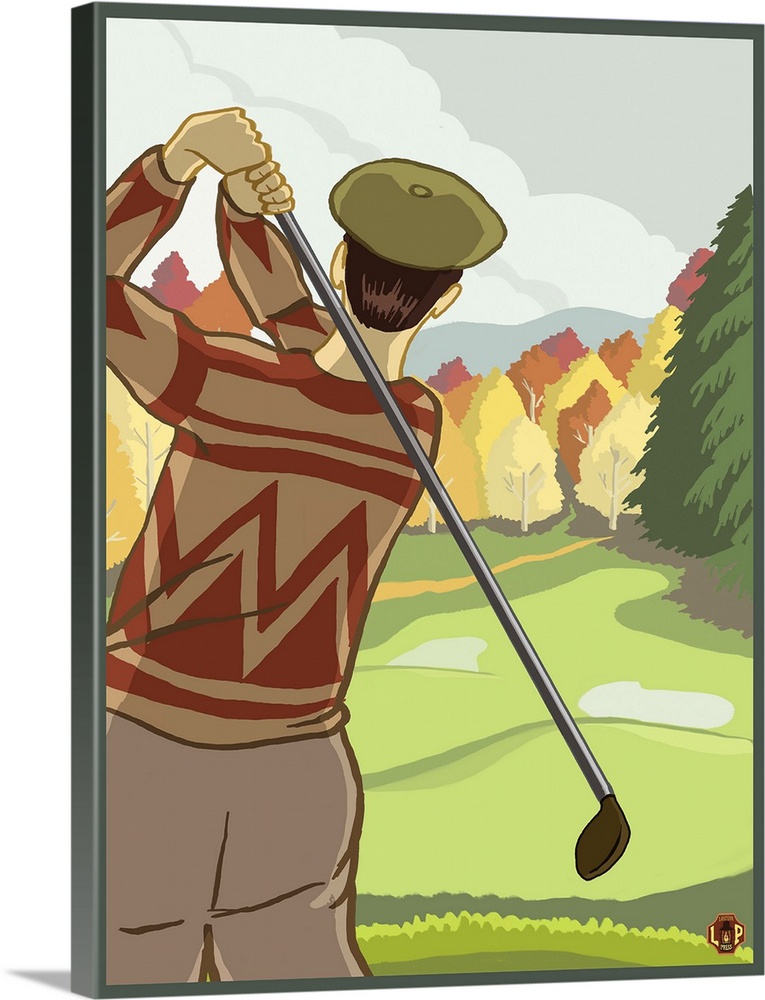 Retro stylized art poster of a golfer making a shot on a golf course.