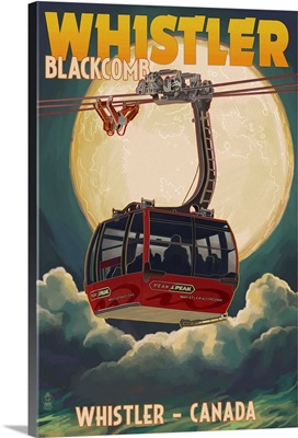 Gondola and Full Moon - Whistler, Canada: Retro Travel Poster