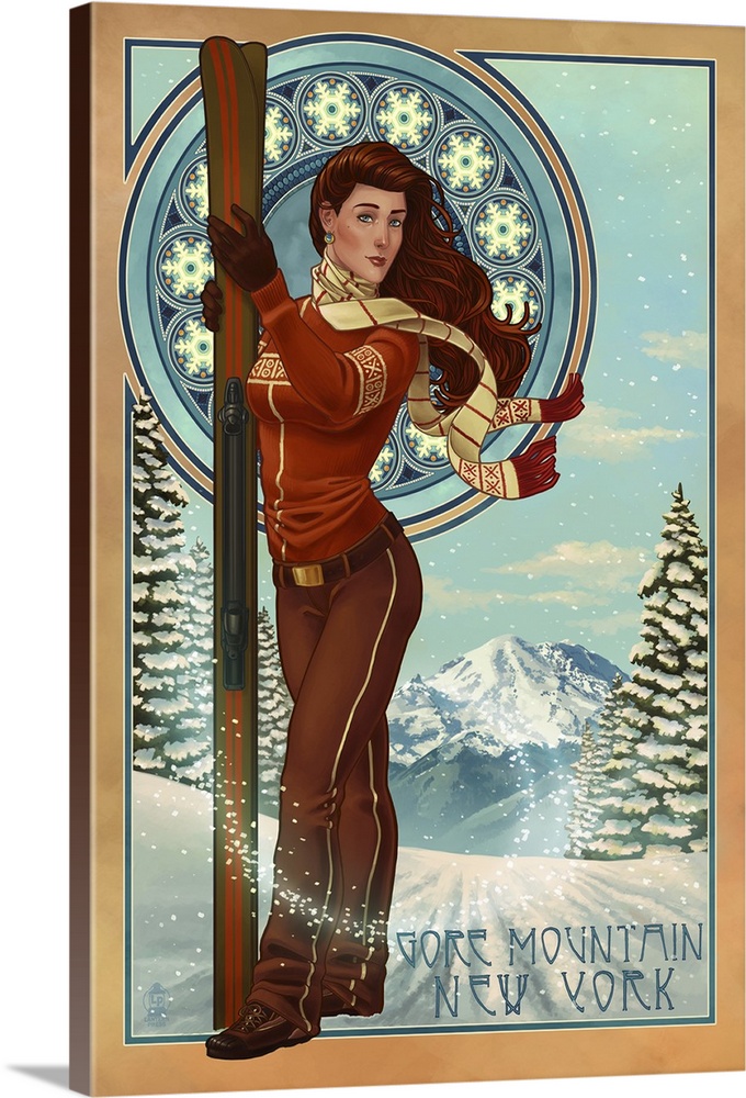 Gore Mountain, New York - Art Nouveau Skier: Retro Travel Poster