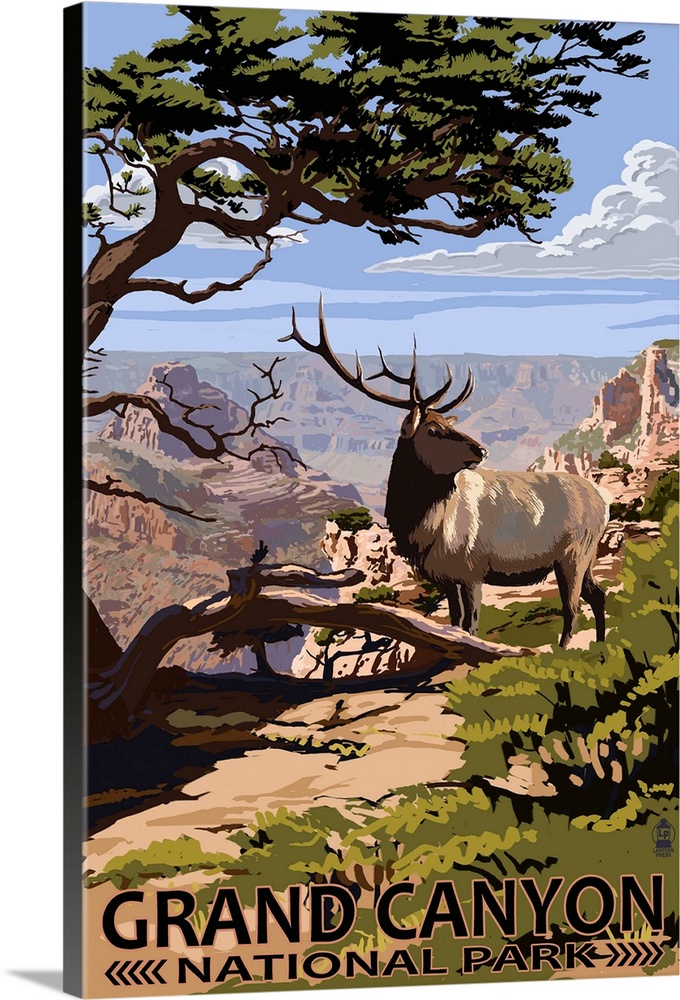 Retro stylized art poster of a large deer standing in front of the Grand Canyon.