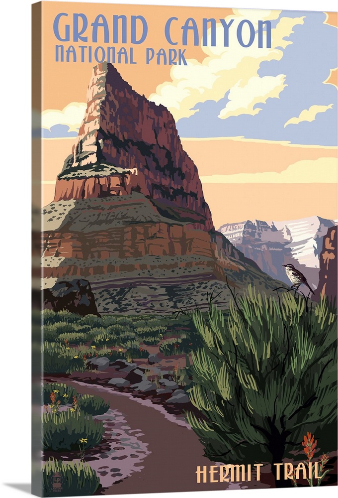 Retro stylized art poster of a jagged rock formation in a giant canyon.