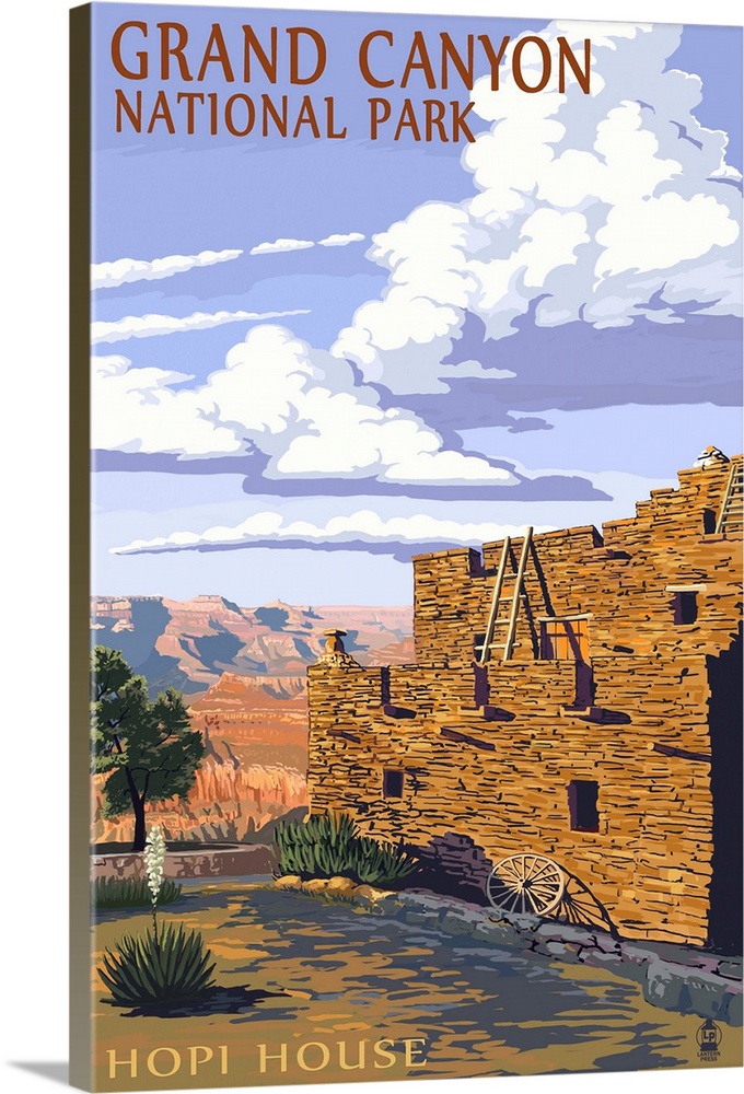 Retro stylized art poster of an old shelter made of stone. Overlooking a massive canyon.