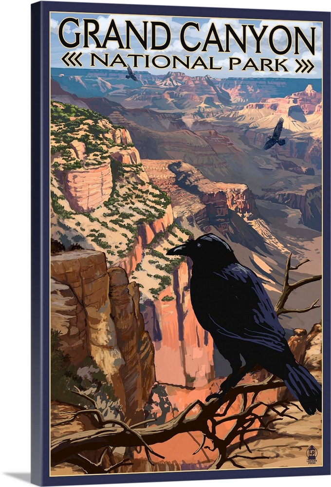 Retro stylized art poster of a black crow sitting on a branch in front of the Grand Canyon.