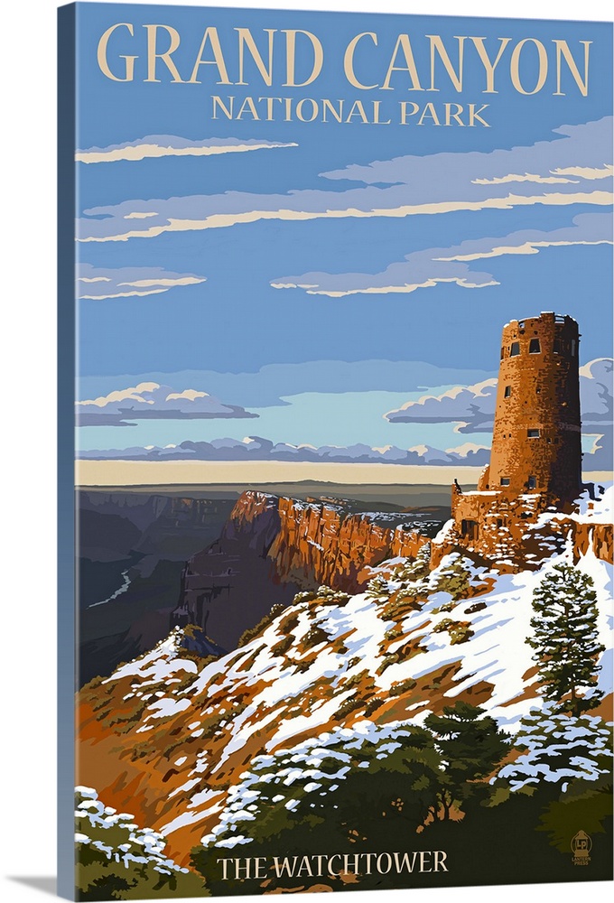 Retro stylized art poster of a watchtower overlooking a giant canyon.