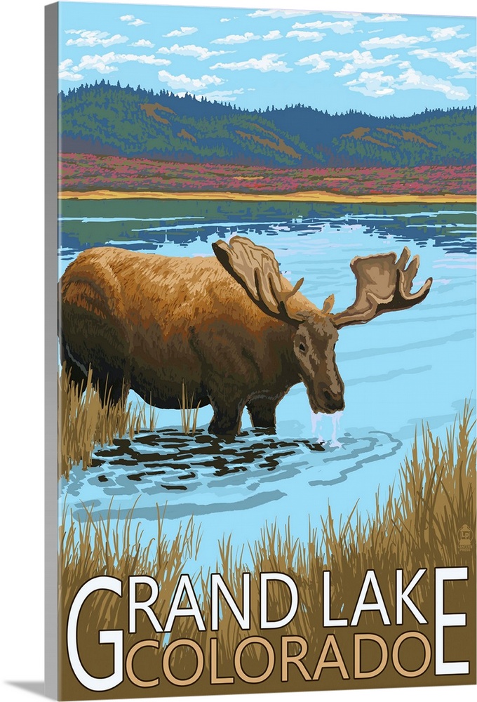 Retro stylized art poster of a moose standing in a stream drinking, with mountains in the background.