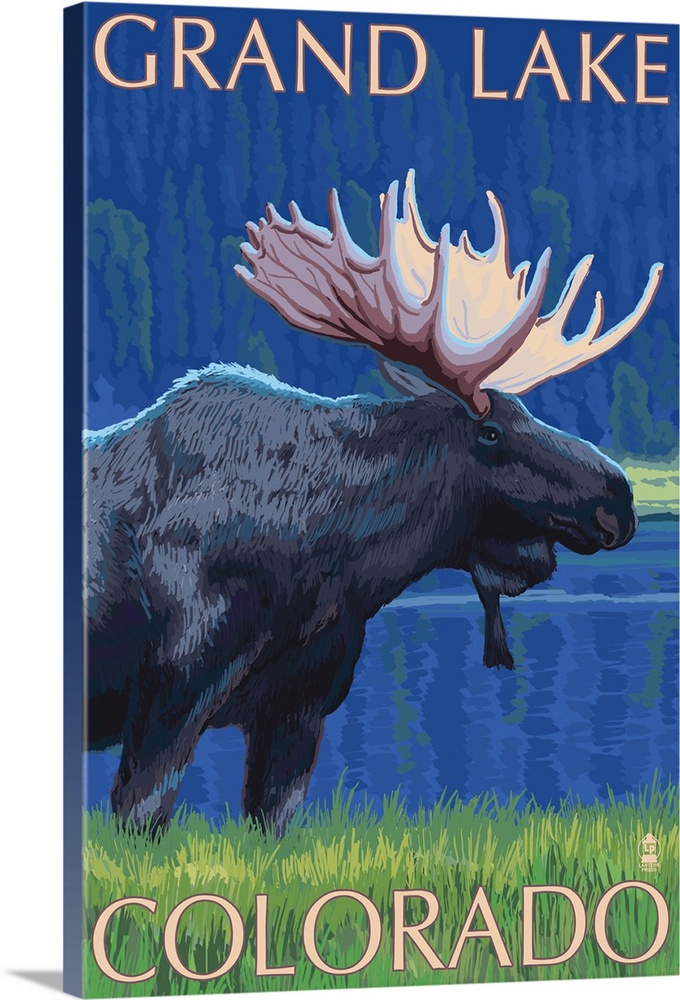 Grand Lake, Colorado - Moose at Night: Retro Travel Poster