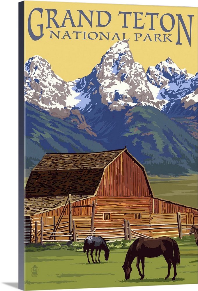 Grand Teton National Park - Barn and Mountains: Retro Travel Poster