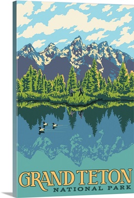 Grand Teton National Park, Hiking In Wilderness: Graphic Travel Poster
