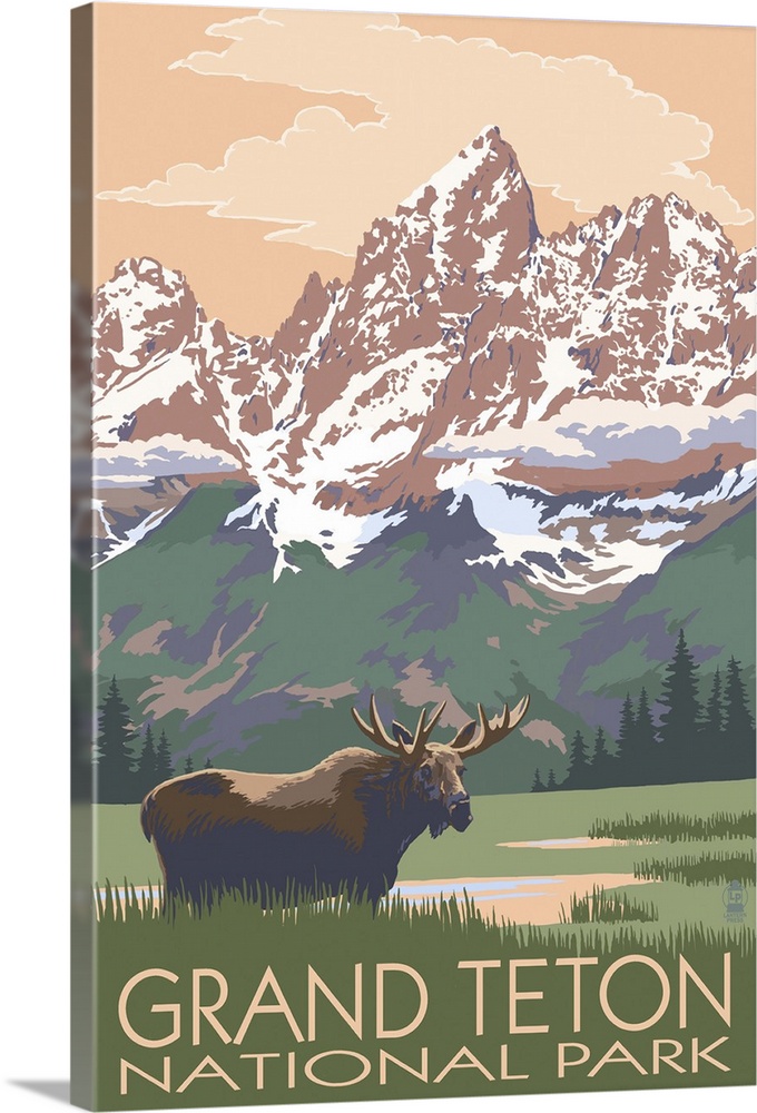 Grand Teton National Park - Moose and Mountains: Retro Travel Poster