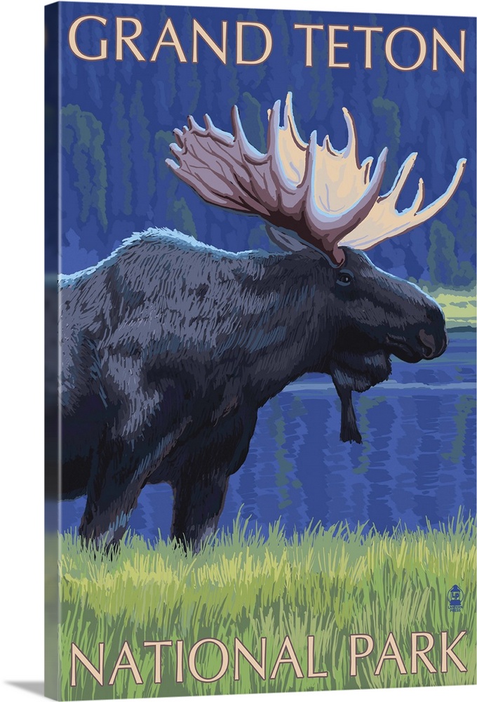 Grand Teton National Park - Moose at Night: Retro Travel Poster