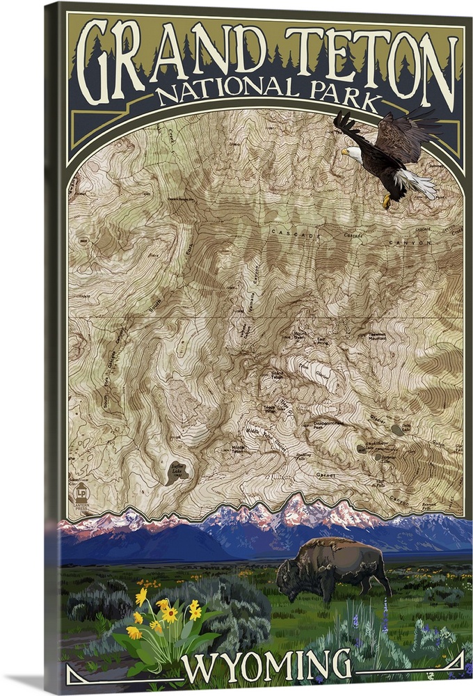 Grand Teton National Park, Wyoming - Topographical Map: Retro Travel Poster
