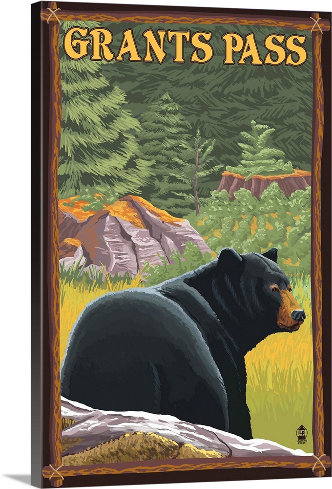 Grants Pass, Oregon - Bear in Forest: Retro Travel Poster