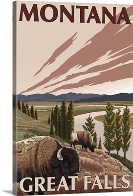 Great Falls, Montana - Bison and River: Retro Travel Poster