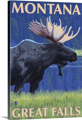 Great Falls, Montana - Moose at Night: Retro Travel Poster
