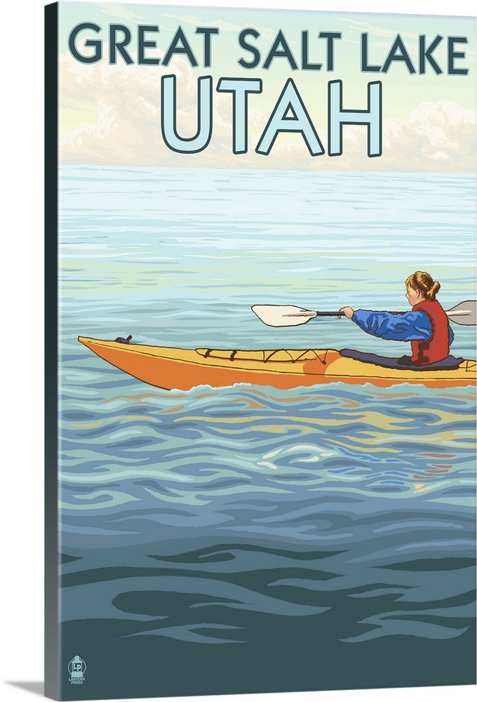 Great Salt Lake, Utah - Kayak Scene: Retro Travel Poster
