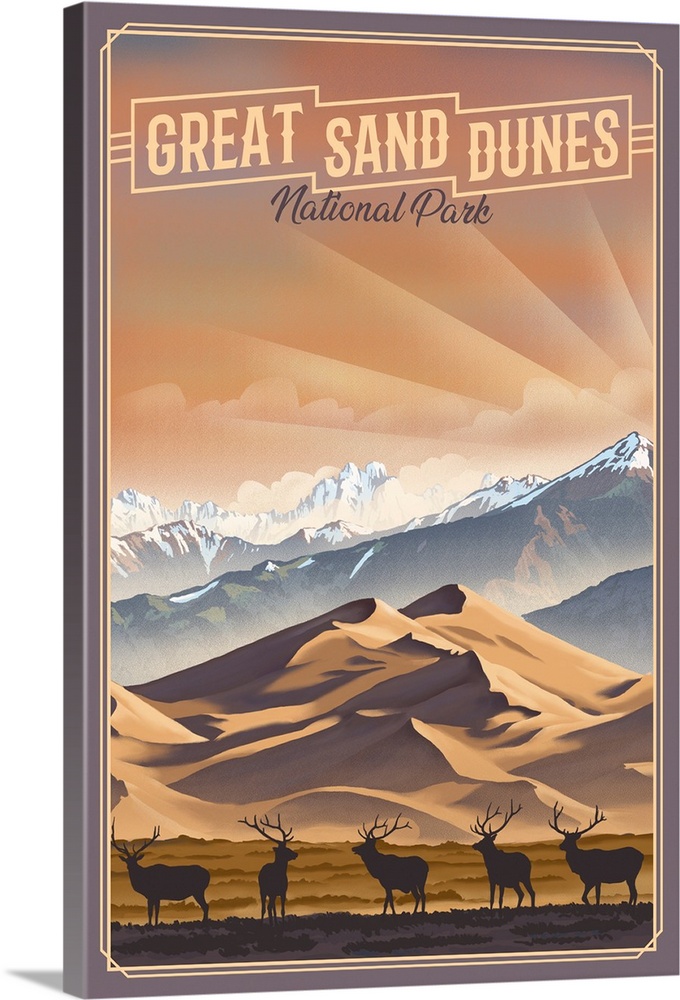Great Sand Dunes National Park, Deer Silhouettes: Retro Travel Poster