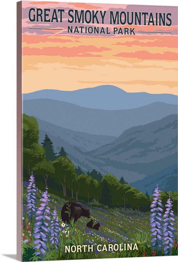 Great Smoky Mountains National Park, Bear And Cubs: Retro Travel Poster