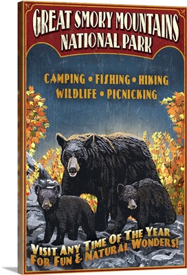 Great Smoky Mountains National Park - Black Bear Vintage Sign: Retro Travel Poster