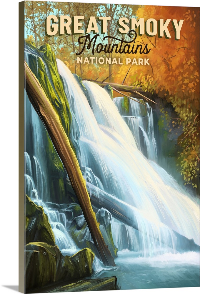 Great Smoky Mountains National Park, Waterfall: Retro Travel Poster
