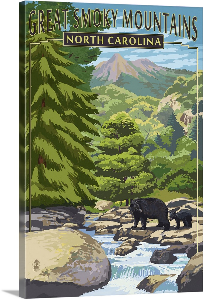 Great Smoky Mountains, North Carolina - Bear Family and Creek: Retro Travel Poster