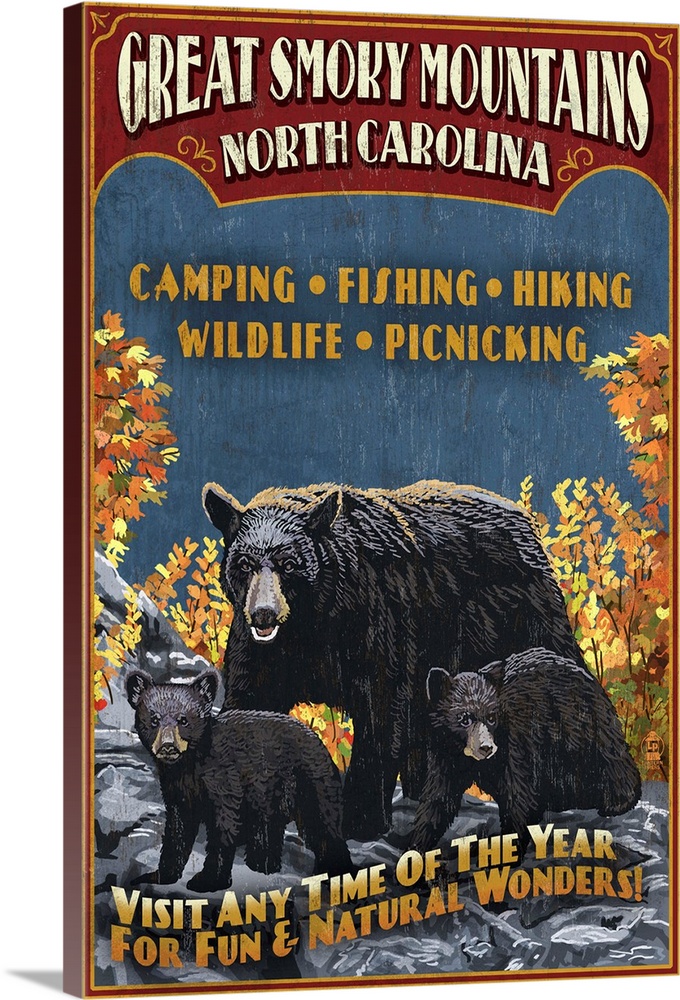 Great Smoky Mountains, North Carolina - Black Bears Vintage Sign: Retro Travel Poster