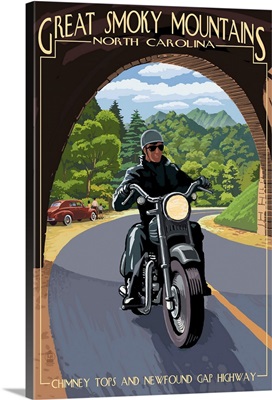Great Smoky Mountains, North Carolina - Motorcycle and Tunnel: Retro Travel Poster