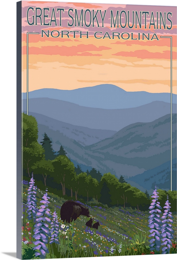 Great Smoky Mountains, North Carolina - Spring Flowers and Bears: Retro Travel Poster