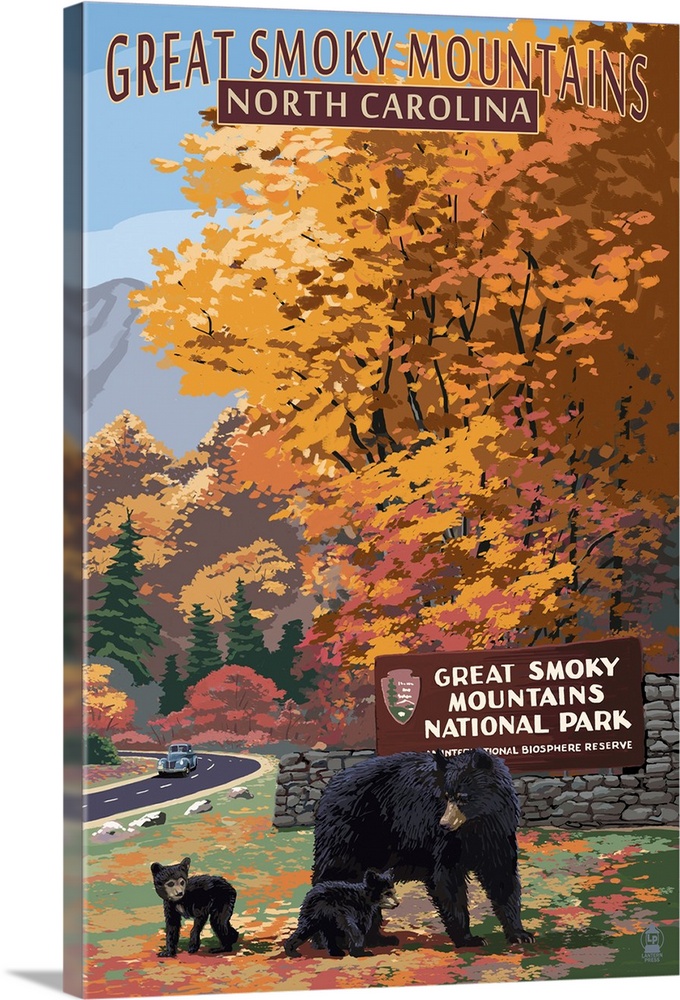 Great Smoky Mountains - Park Entrance and Bear Family- : Retro Travel Poster