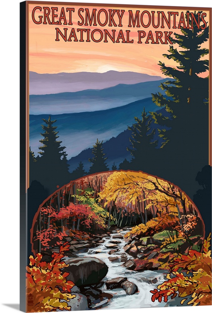 Great Smoky Mountains - Waterfall: Retro Travel Poster