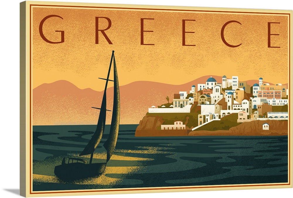 Greece - City with Sailboat - Lithograph