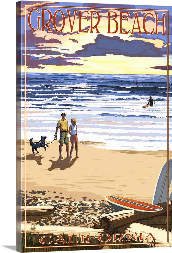 Grover Beach, California - Sunset Beach Scene: Retro Travel Poster