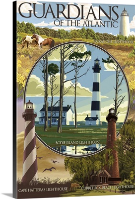 Guardians of the Atlantic Lighthouses - Outer Banks, North Carolina: Retro Travel Poster