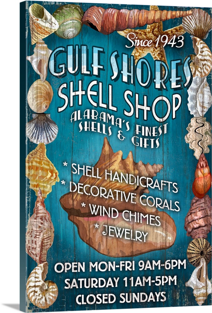 Retro stylized art poster advertising a local gift shop specializing in sea shells.