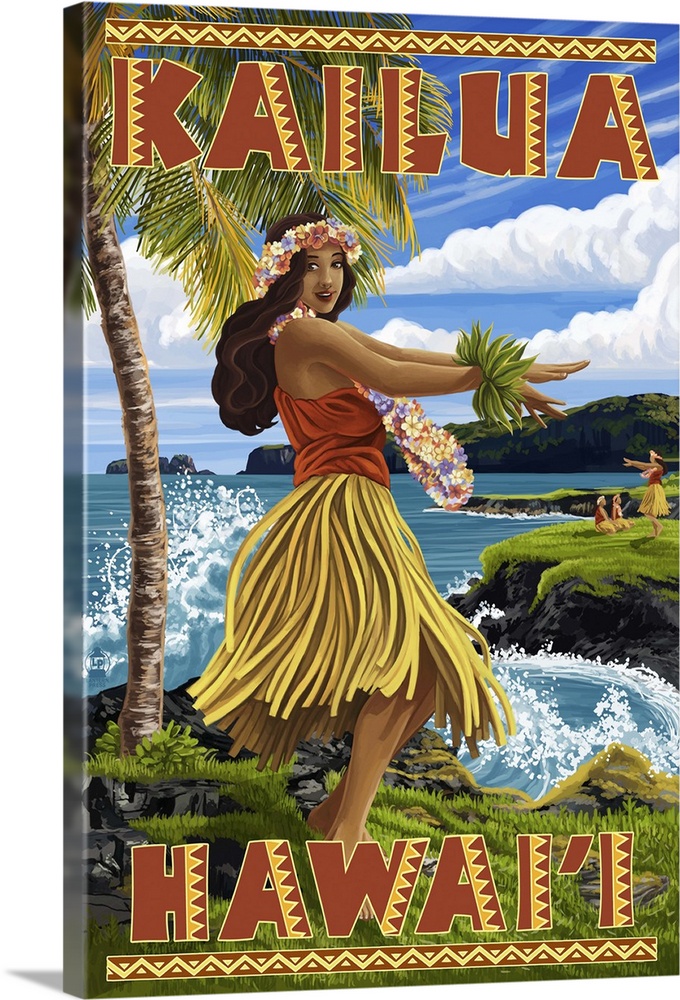 Hawaii Hula Girl on Coast - Kailua, Hawaii: Retro Travel Poster