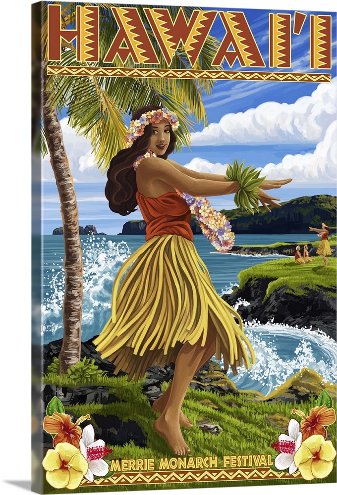 Hawaii Hula Girl on Coast - Merrie Monarch Festival: Retro Travel Poster