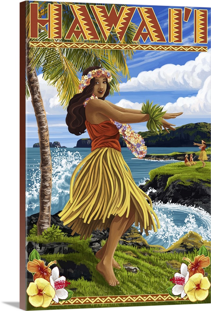 Hawaii Hula Girl on Coast: Retro Travel Poster