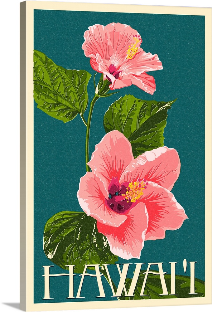 Hawaii - Pink Hibiscus Flower Letterpress: Retro Travel Poster