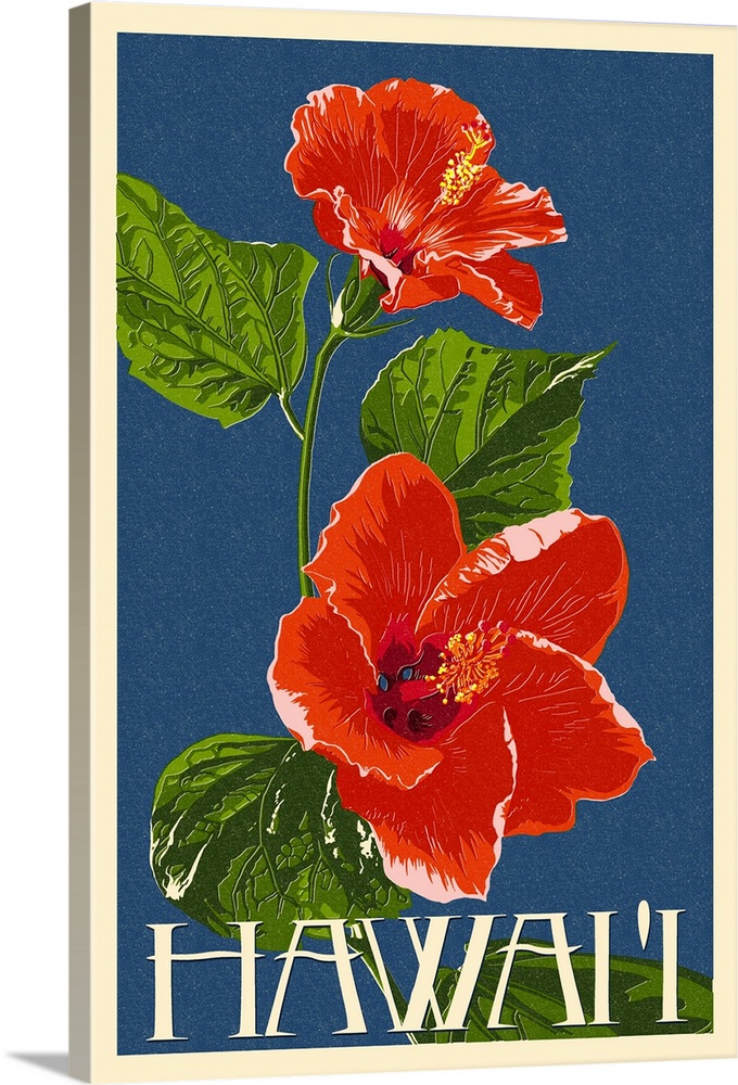 Hawaii - Red Hibiscus Flower Letterpress: Retro Travel Poster