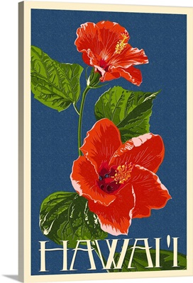 Hawaii - Red Hibiscus Flower Letterpress: Retro Travel Poster