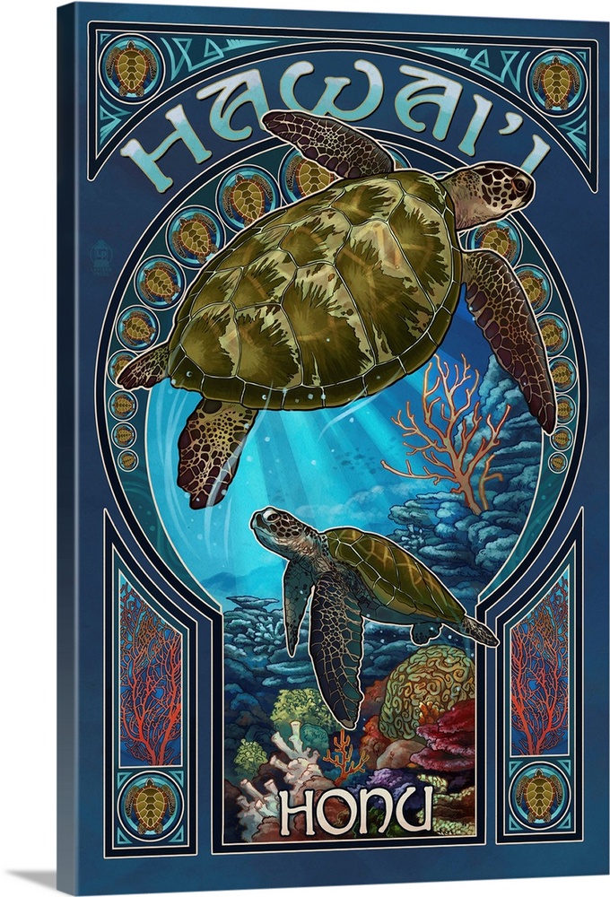 Hawaii - Sea Turtle Art Nouveau: Retro Travel Poster