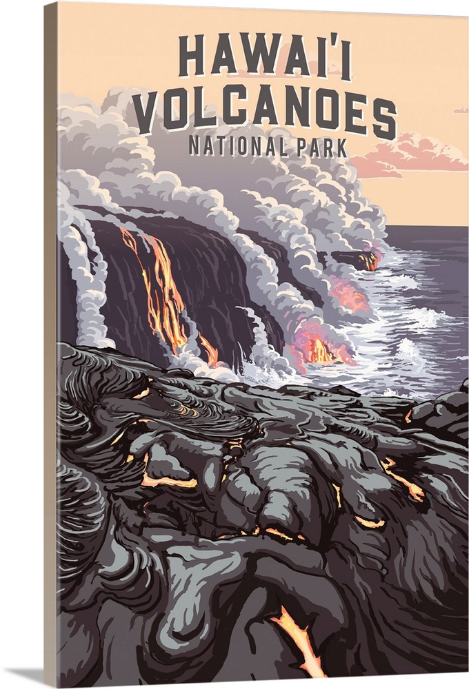Hawaii Volcanoes National Park, Lava Cooling: Retro Travel Poster